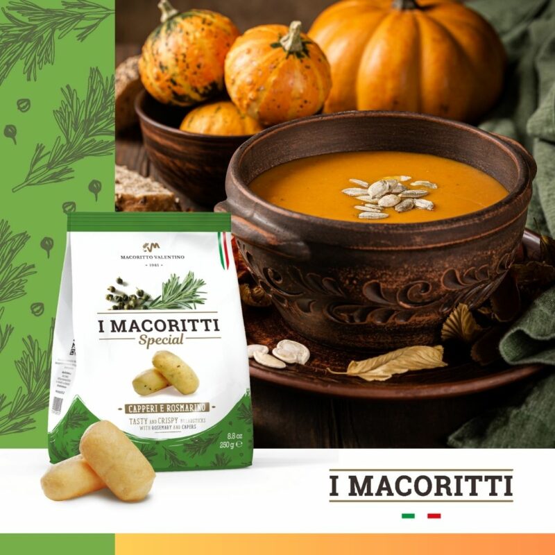 E' iniziato l'autunno...ed è subito zuppa!
Il nostro accompagnamento preferito sono I Macoritti ai capperi e rosmarino, ideali per dare croccantezza e...